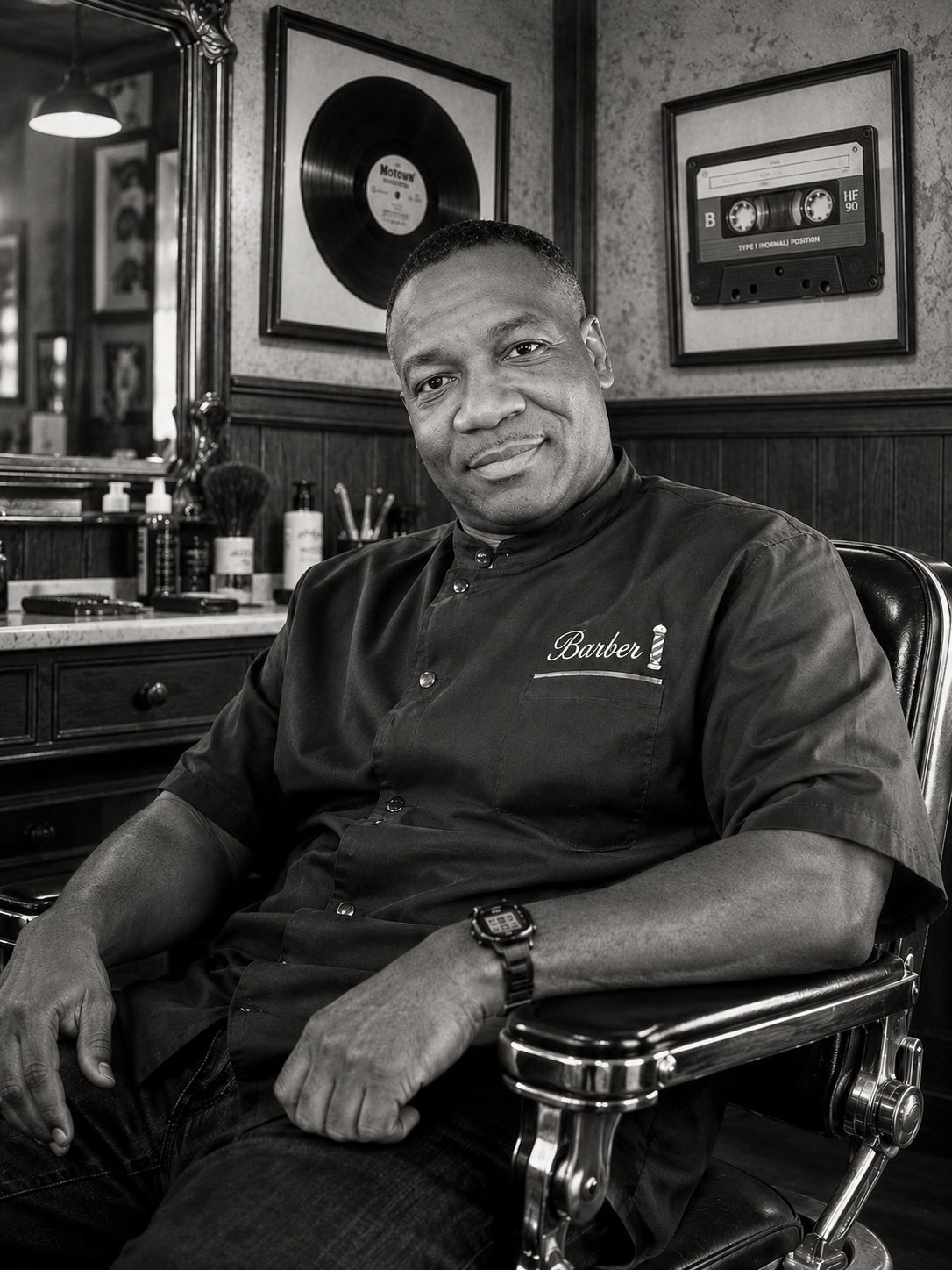 T Tha Groomer seated in the barbershop at Faded Blendz ATL.